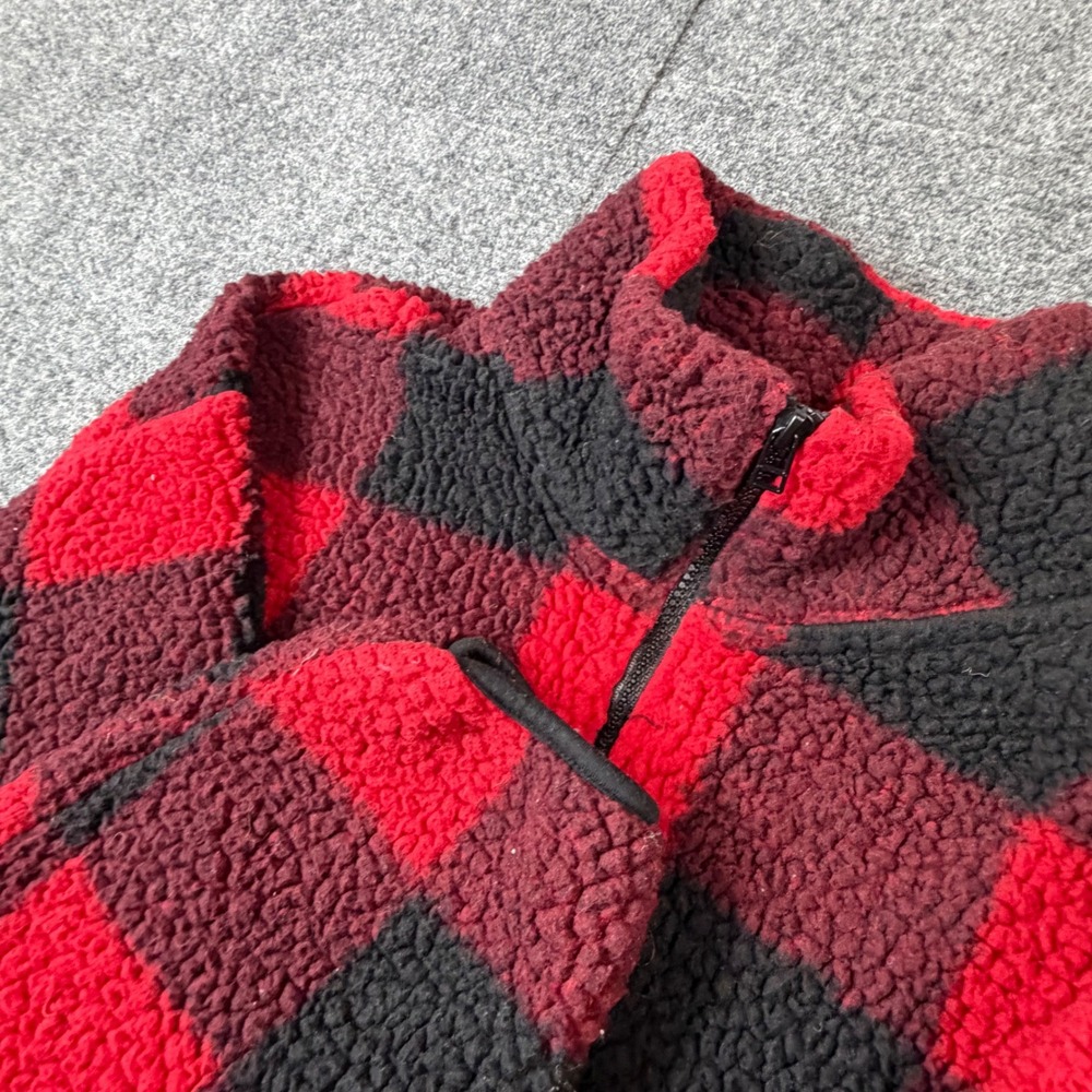 Old Navy Mens Medium Red‎ Black Buffalo Plaid Sherpa Fleece Quarter Zip Pullover